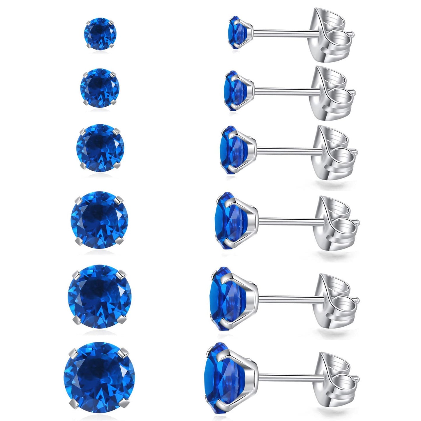 6 Pairs Stud Earrings Set, Hypoallergenic Cubic Zirconia Earrings 316L Stainless Steel CZ Earrings 3-8mm (Royal blue CZ)