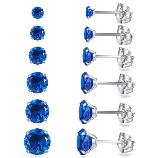 6 Pairs Stud Earrings Set, Hypoallergenic Cubic Zirconia Earrings 316L Stainless Steel CZ Earrings 3-8mm (Royal blue CZ)