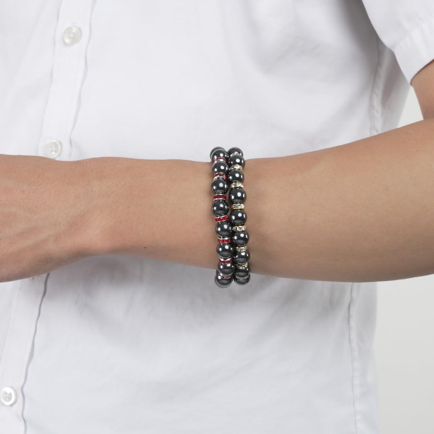 Apocalyptic-K Women's Magnetic Bracelet，Hematite Bracelets，Magnetic Bracelets With Zirconia,Handmade Stretch Bracelet，Eliminates static electricity. (Gold Zirconia,10MM)