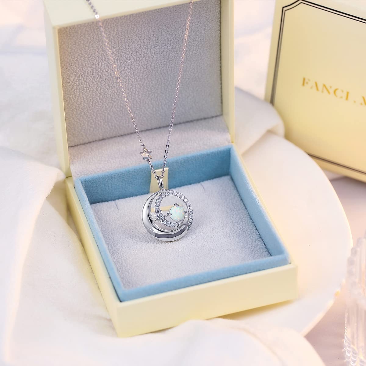 FANCIME White Opal Necklace October Birthstone Moon Star Pendant Necklaces Sterling Silver Jewelry Birthday Anniversary Mothers Day Gifts for Women Mom Daughter, Adjustable Chain 16"+2"