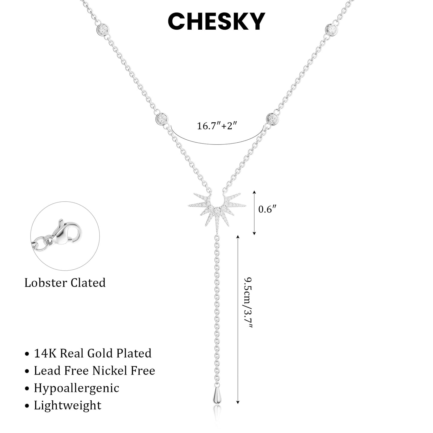 CHESKY Sliver Plated Long Necklaces for Women Trendy, Dainty Lariat Necklace Statement Prom Necklace Simple Pendant Y-Shaped Necklace CZ Fashion Jewelry