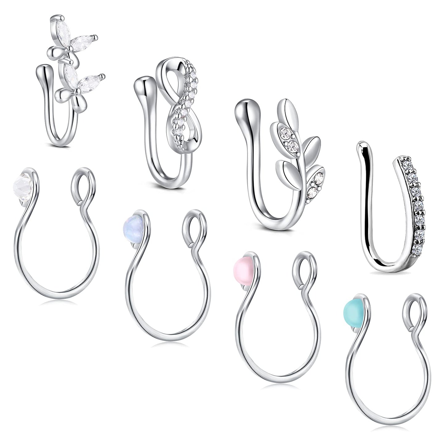 JFORYOU Nose Rings Fake 8Pcs Stainless Steel Inlaid CZ Faux Piercing Jewelry Fake Nose Ring Clip on Circle Hoop No Pierced Nose Ring Jewelry for Women Men
