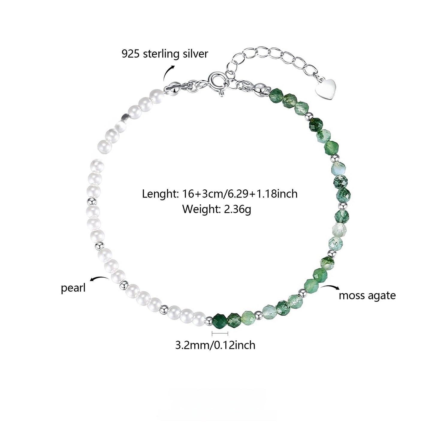IPEPPY 925 Sterling Silver Pearl Bracelets for Women Gold Natural Moss Agate Green Gemstone Bead Crystal Healing Bracelet Yoga Meditation Chakra Emerald Stone Bracelet Jewelry Gifts for Mom (Gold)