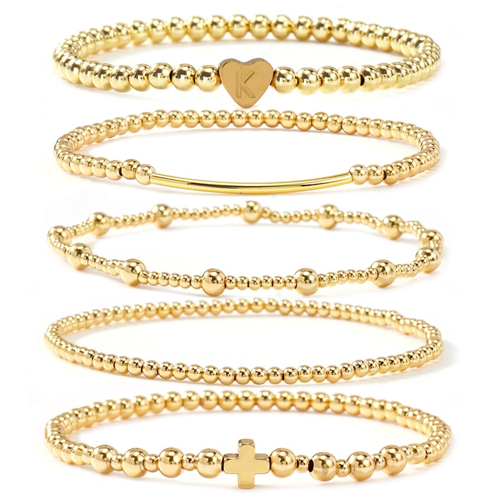 14K Gold Cross Beaded Initial Bracelet Stack for Women,Dainty Stretch Gold Plated Letter “K” Stackable Bracelets Bohemian Layered Prom Party Accessories Jewelry Gift Friendship