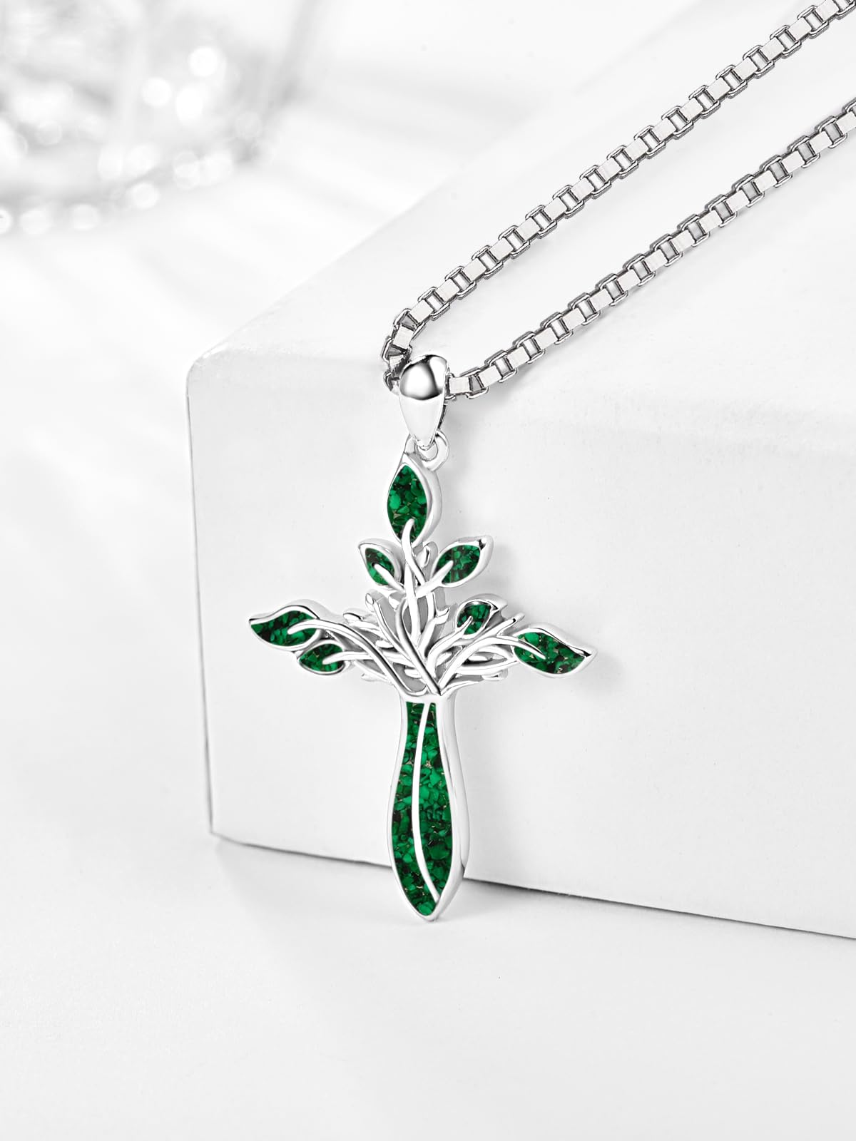 Dreamboat Green Cross Necklace for Women Sterling Silver Cross Pendant Tree of Life Necklace Malachite Faith Confirmation Gifts Christian Religious Jewelry for Mom