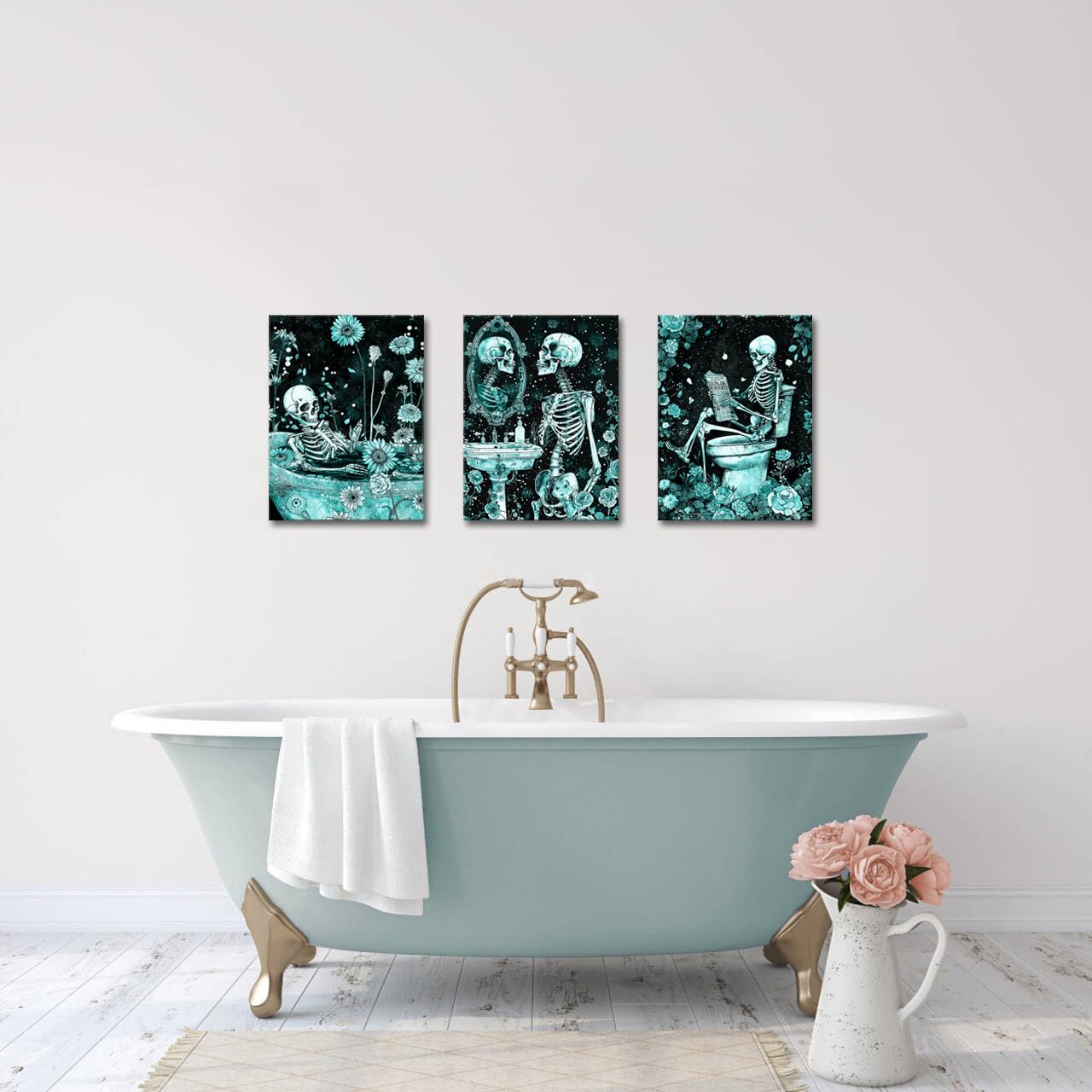 FuShvre Skeleton Bathroom Decor Moody Skeleton Wall Art Pictures for Bathroom Gothic Painting for Home Decoration Framed 12x16 inch each piece (Teal)