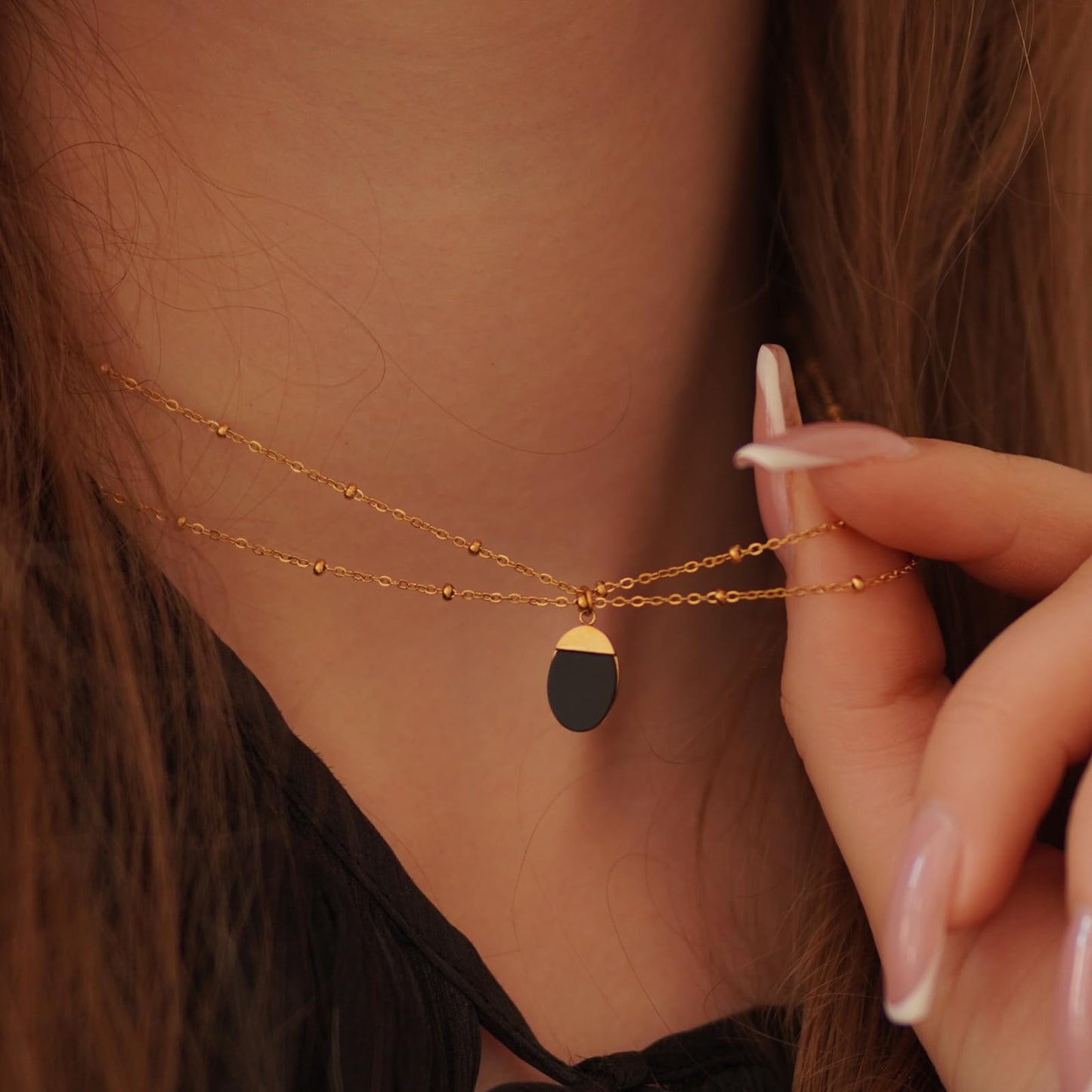 Milan Chiva 14K Gold Plated Black Agate Layered Stacked Necklace for Women, Dainty Trendy Non Tarnish Oval Pendant Charm Necklaces Fashion Jewelry for Women Waterproof MNS-1009BK