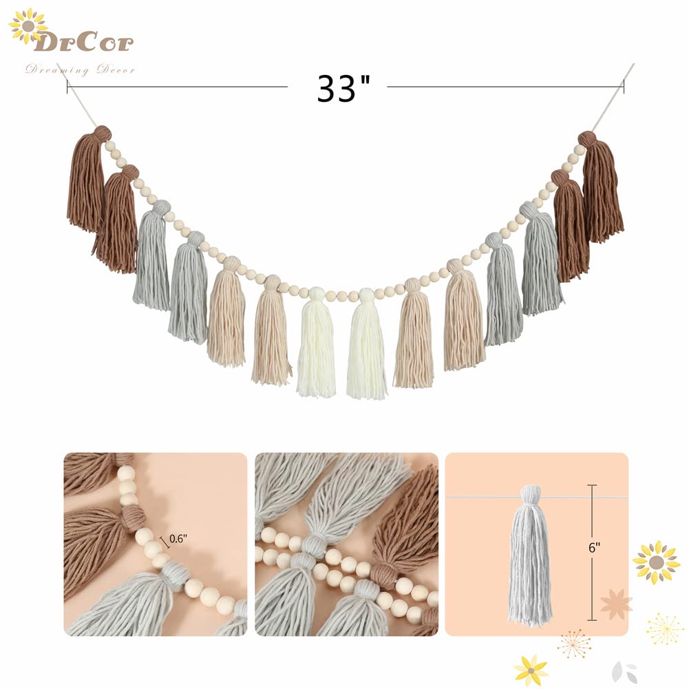 DrCor Neutral Boho Tassel Garland – Handmade Cream, Brown & Gray Yarn Banner for Nursery, Baby Shower, Birthday Party, Rustic Farmhouse Wall Hanging & Warm Cozy Home Decor