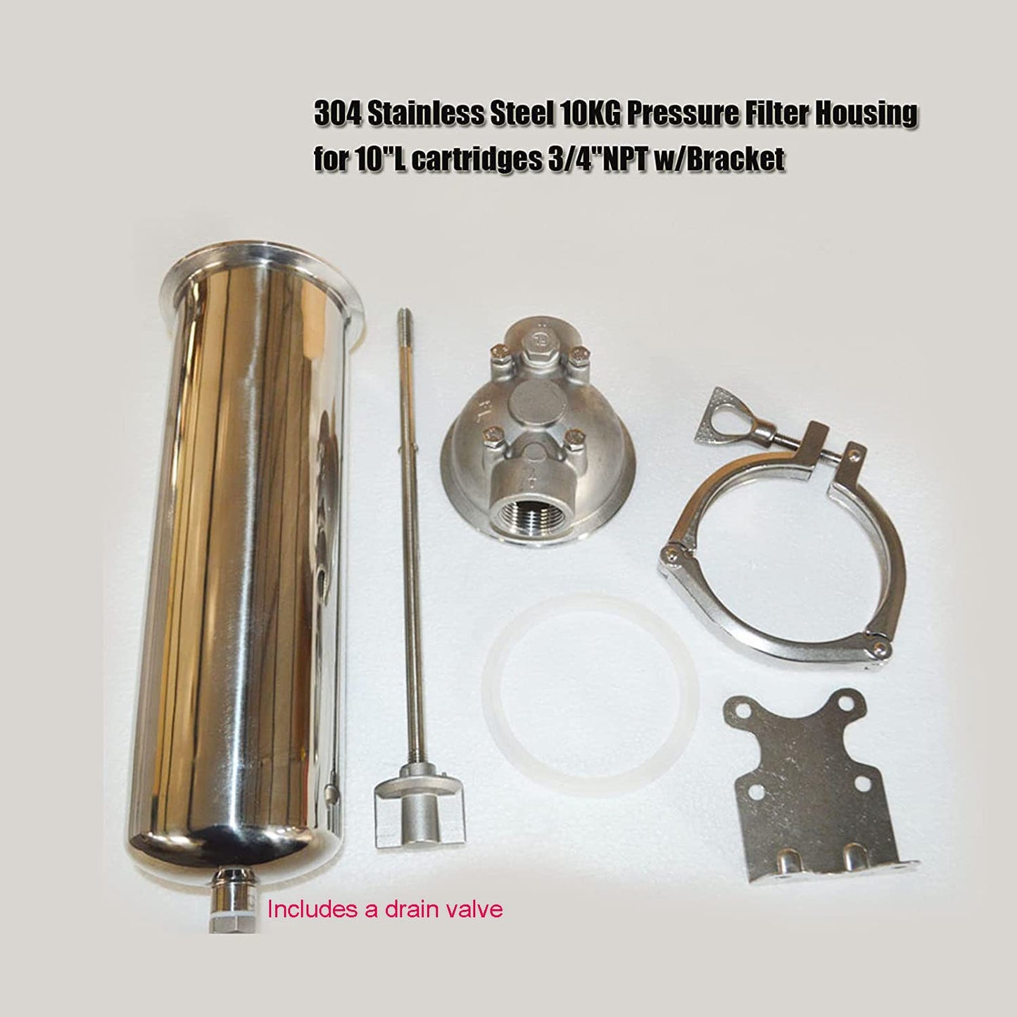 INTBUYING 304 Stainless Steel 10KG High Pressure Water Filter Housing for 10’’L cartridges Filter,3/4in NPT Inlet and Outlet with Bracket and Drain Valve Heavy Duty Water Filter System