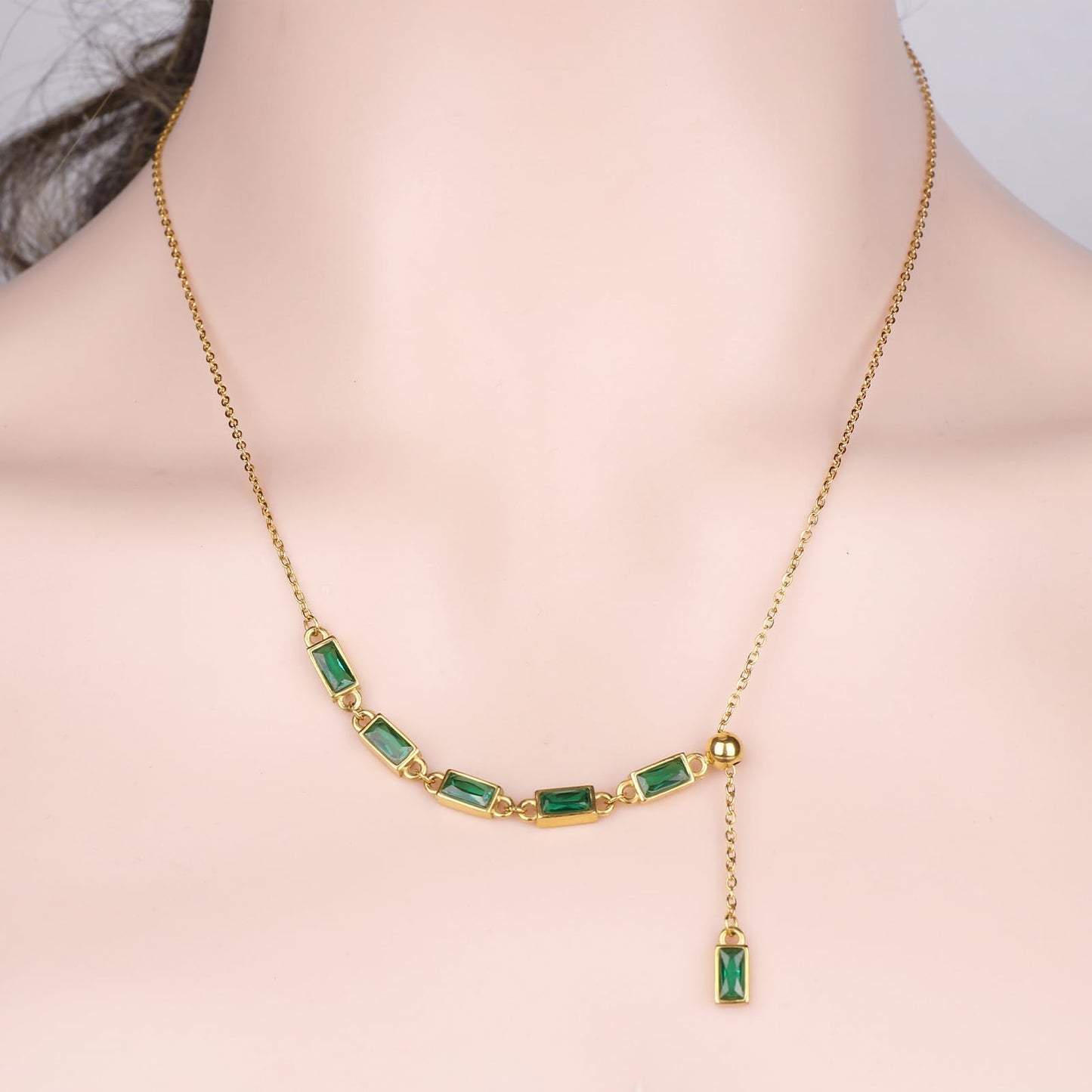 TaYolnFaSo Emerald Y Shaped Necklace 18K Gold Plated Emerald Cut Green CZ Y Lariat Necklace Jewelry Valentine's Day Gift for Women