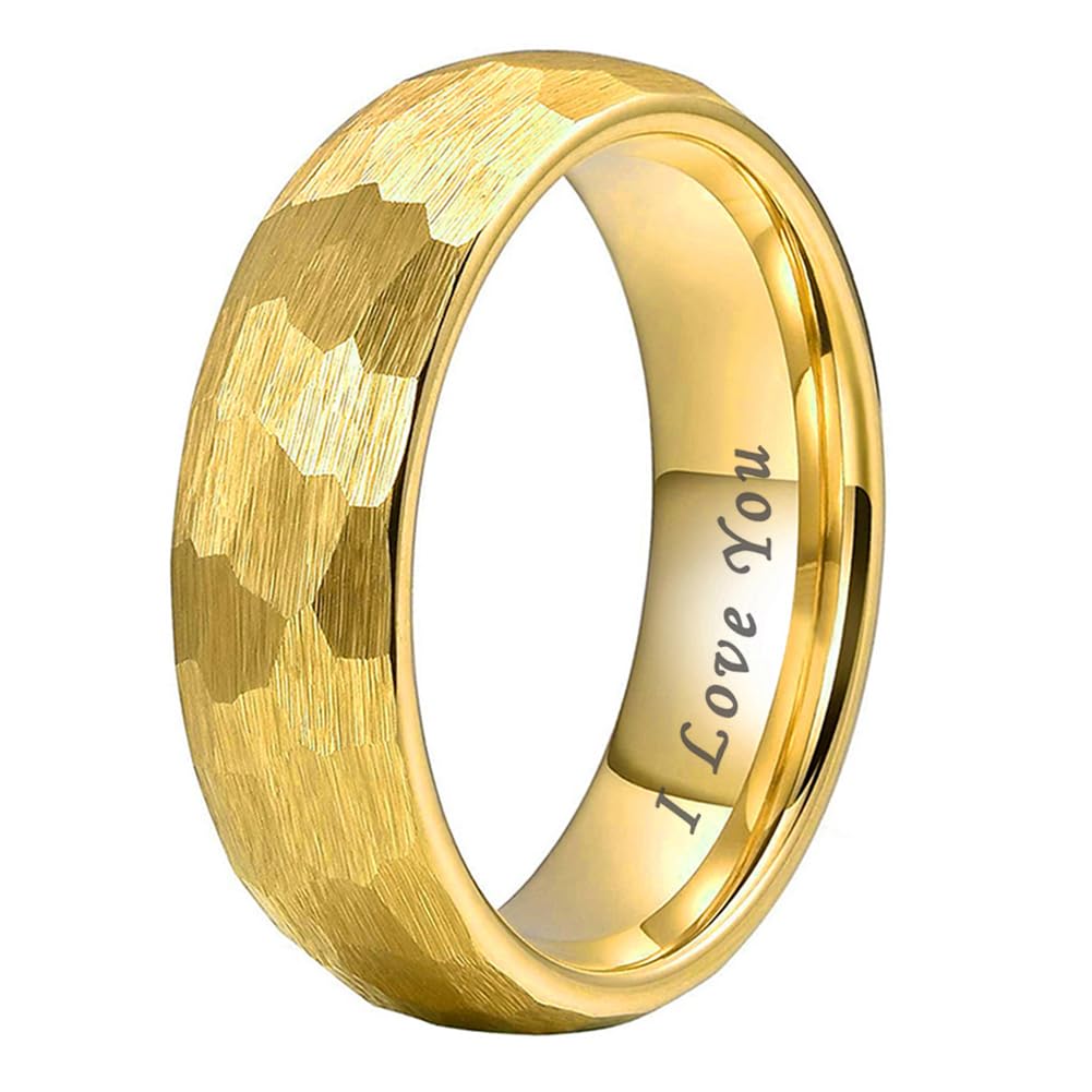 TUTISS 6mm Gold Hammered Tungsten Rings for Men Women Engagement Wedding Bands Domed I Love You Engraved Comfort Fit Size 9.5