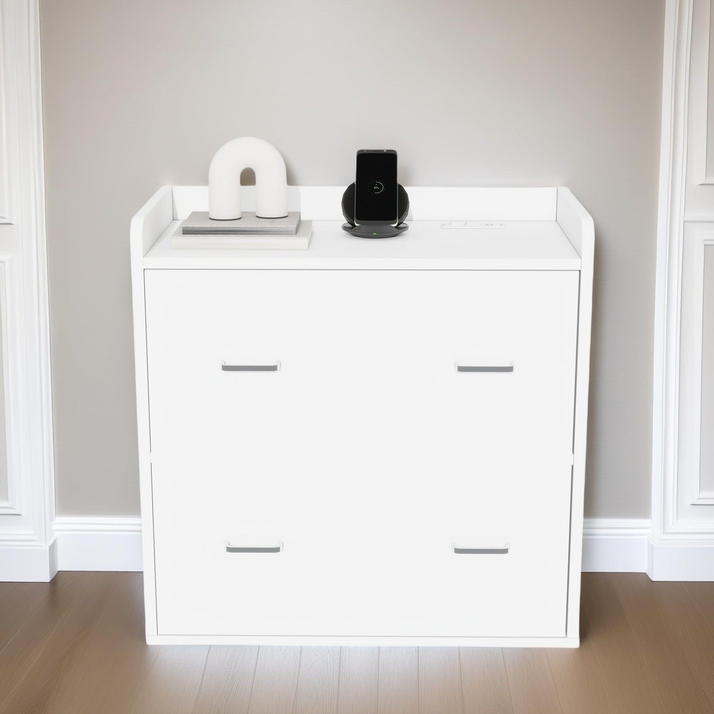 DWVO File Cabinet with Charging Station, 2 Drawer Lateral Filing Cabinet with Storage, Large Printer Stand for Home Office Living Room, Fits A4 Legal Letter Documents, White