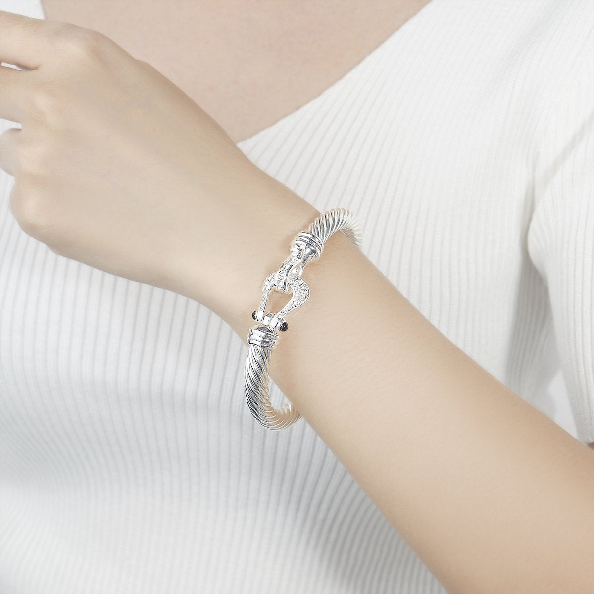 UNY JEWEL Twisted Cable Bracelet Luxury Inspired Women Jewelry Horse Shoe Cuff Open Bangle Christmas Gifts (Silver)