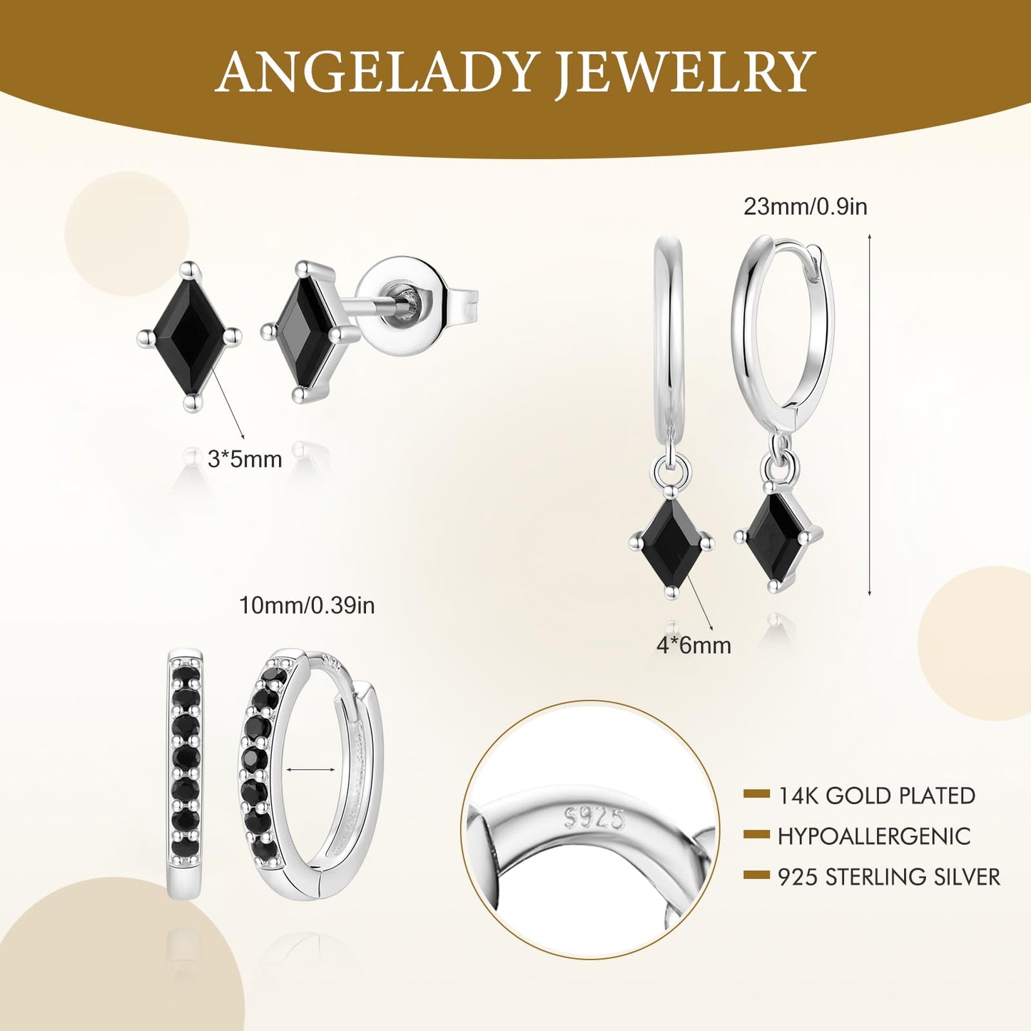 3 Pairs Sterling Silver Earrings Set for Women, Hypoallergenic Silver Black Earrings for Women Dangling, Dainty Huggie Hoop Black Earring Stacks Stud Earring Trendy Jewelry Gifts