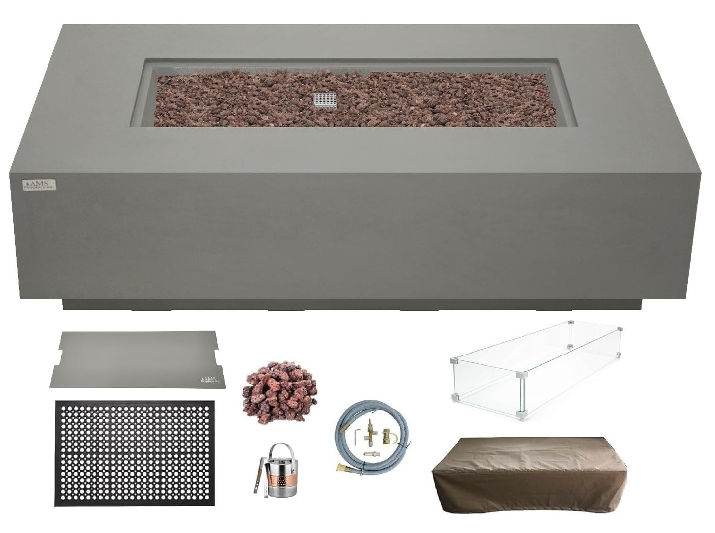 AMS Creations | Madison 60" Bundle Rectangular Natural Gas Outdoor Fire Pit Table | Light Gray Concrete GFRC | Smooth Texture or Surface | Electronic Ignition | Outside Backyard Fireplace