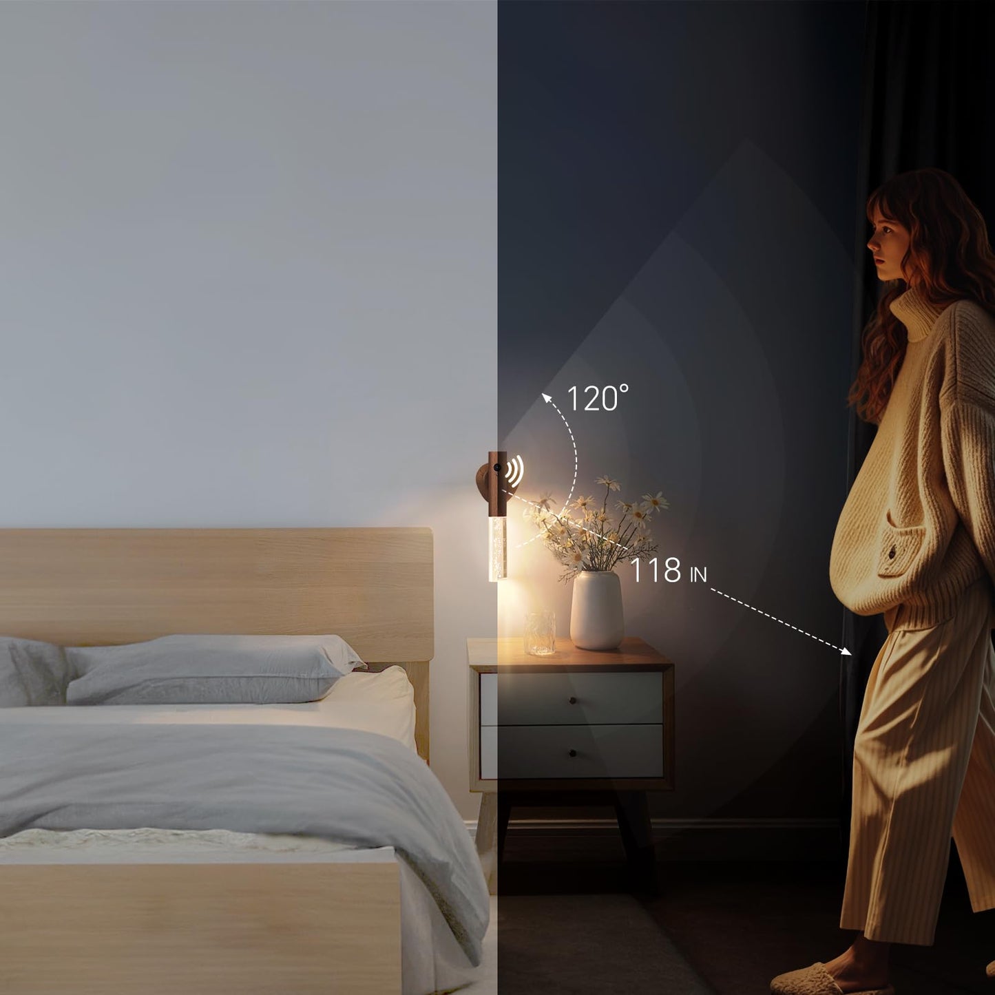 Motion Sensor Night Lights Indoor, Rechargeable Night Lights Wall Sconces Wooden Set of 2, Battery Powered Magnetic Wall Sconces Decor for Bedroom, Hallway, Bathroom, Stairway, Closet（Walnut Wood）