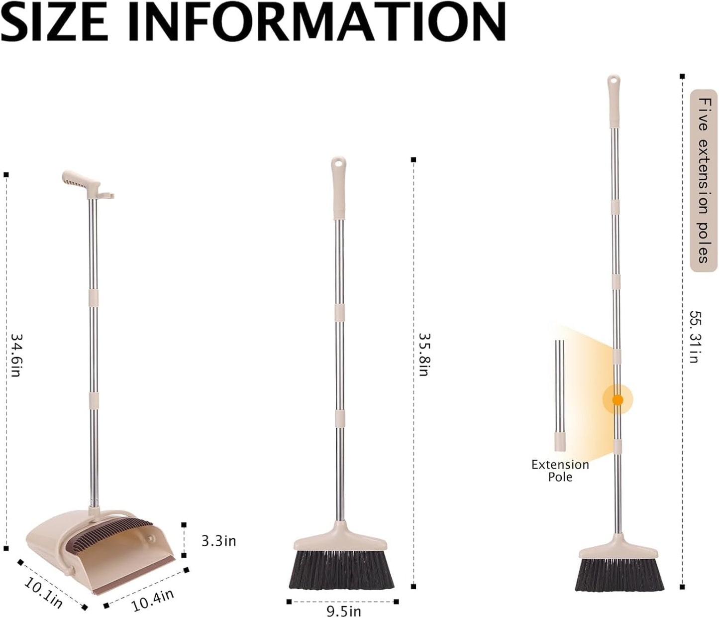 XXFLOWER Broom and Dustpan Set with Long Handle, Light Weight Stainless Steel Poles Stand Upright Dustpans with Broom Combo for Home Kitchen Office Pet Dog Hair, Brown & Beige Color, 1-Pack