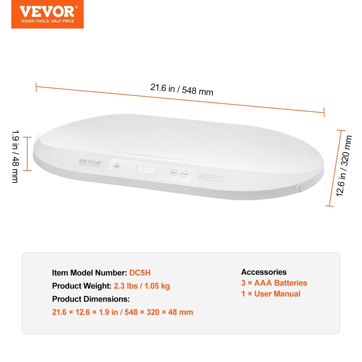 VEVOR Baby Scale, Digital Infant Scale with Measuring Tape, Multi-Function Toddler Scale for Weight and Height Track - with Hold & Tare Function, 5 Units for Babies, Toddlers, Pets, 88LBS Capacity