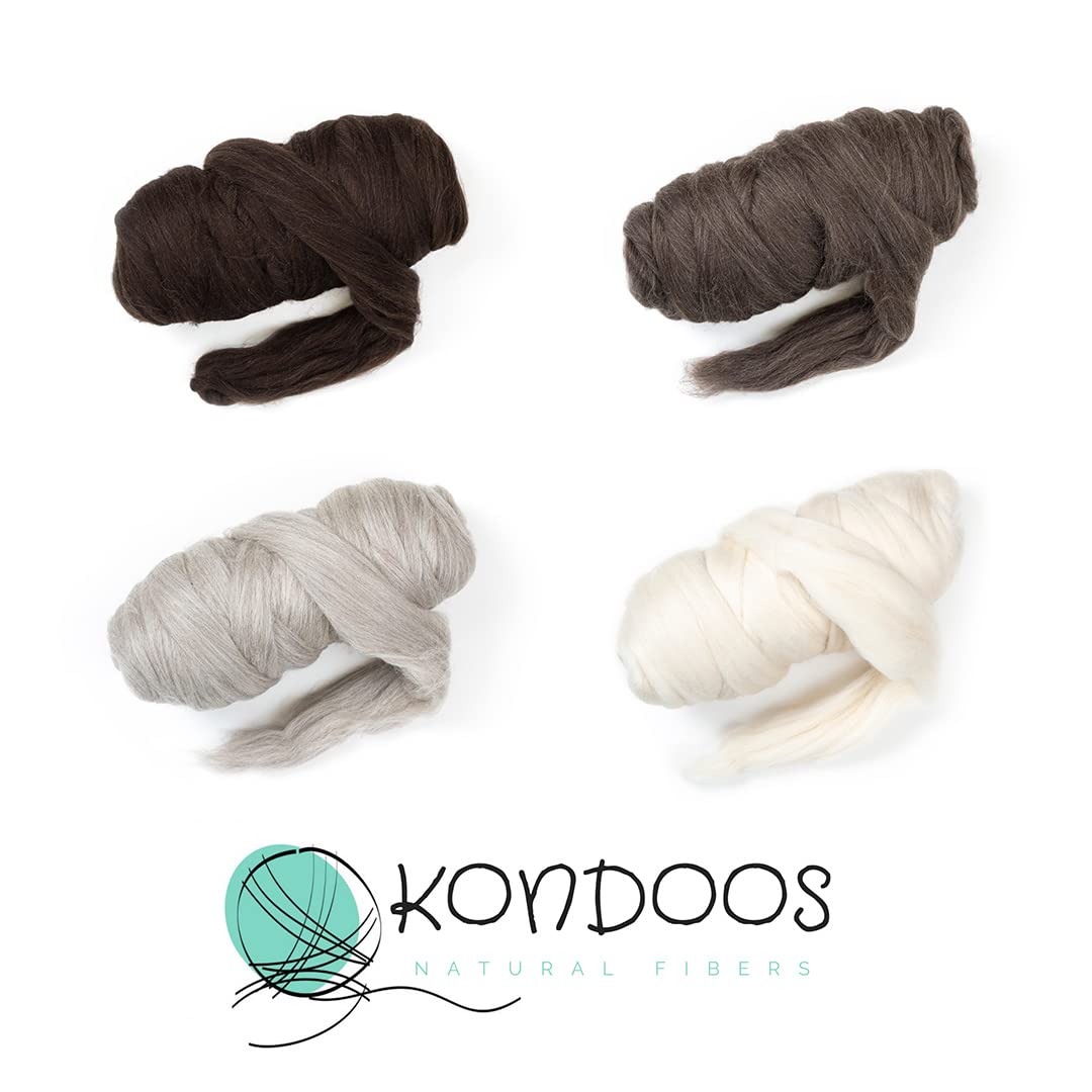 Kondoos Natural Wool roving, 8 OZ. Best for Needle Felting, handcrafts and Spinning. Natural Colours, un-Dyed. Wool Yarn, Felting Core, Carded Stuffing White Ecru, 8 oz