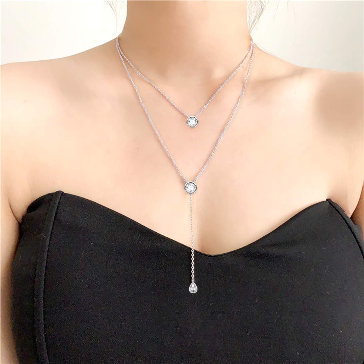 FLYOW Layered Necklace S925 Sterling Silver Teardrop Round CZ Double Choker Y Lariat Long Multilayer Necklace Birthday Present Mother Daughter Jewelry for Women Wife Fiancée