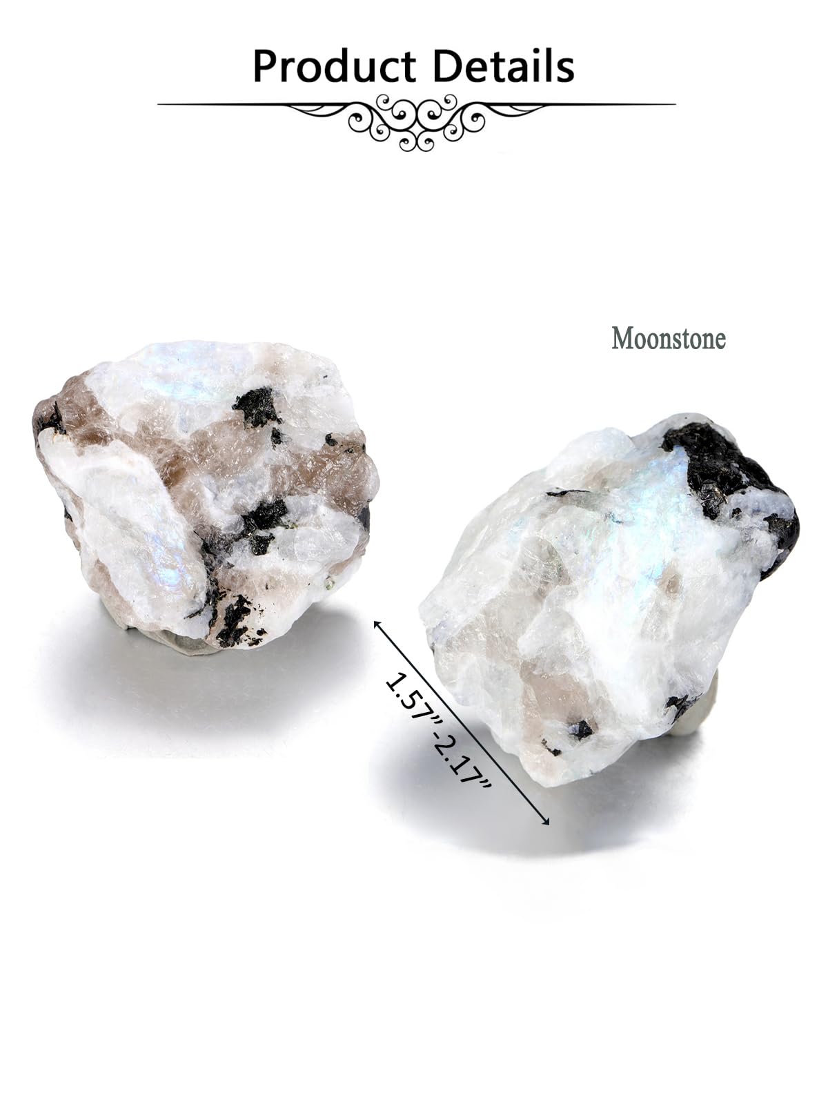 Jovivi 2pcs Raw Rainbow Moonstone Crystals,Large 1.6-2.2" Healing Crystals Natural Rough Stones Crystal for Tumbling, Cabbing, Home Decoration, Polishing, Wicca & Reiki