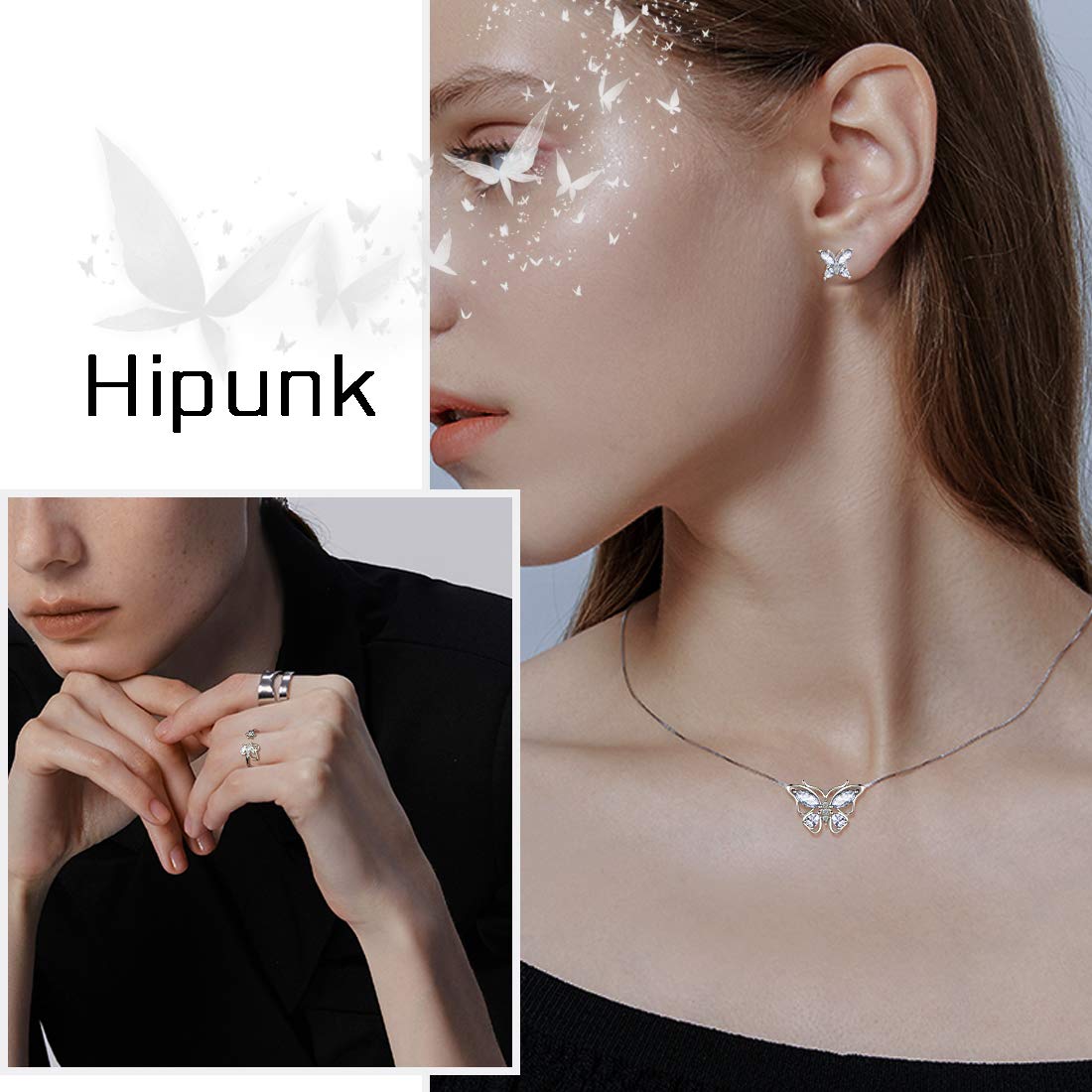 Hipunk Butterfly White Jewelry Sets Birthstone Women 925 Sterling Silver April-Diamond Birth Stone Animal Butterflies Jewelry Sets/Earring/Ring Set Crystal Birthday Jewelry SS0002W
