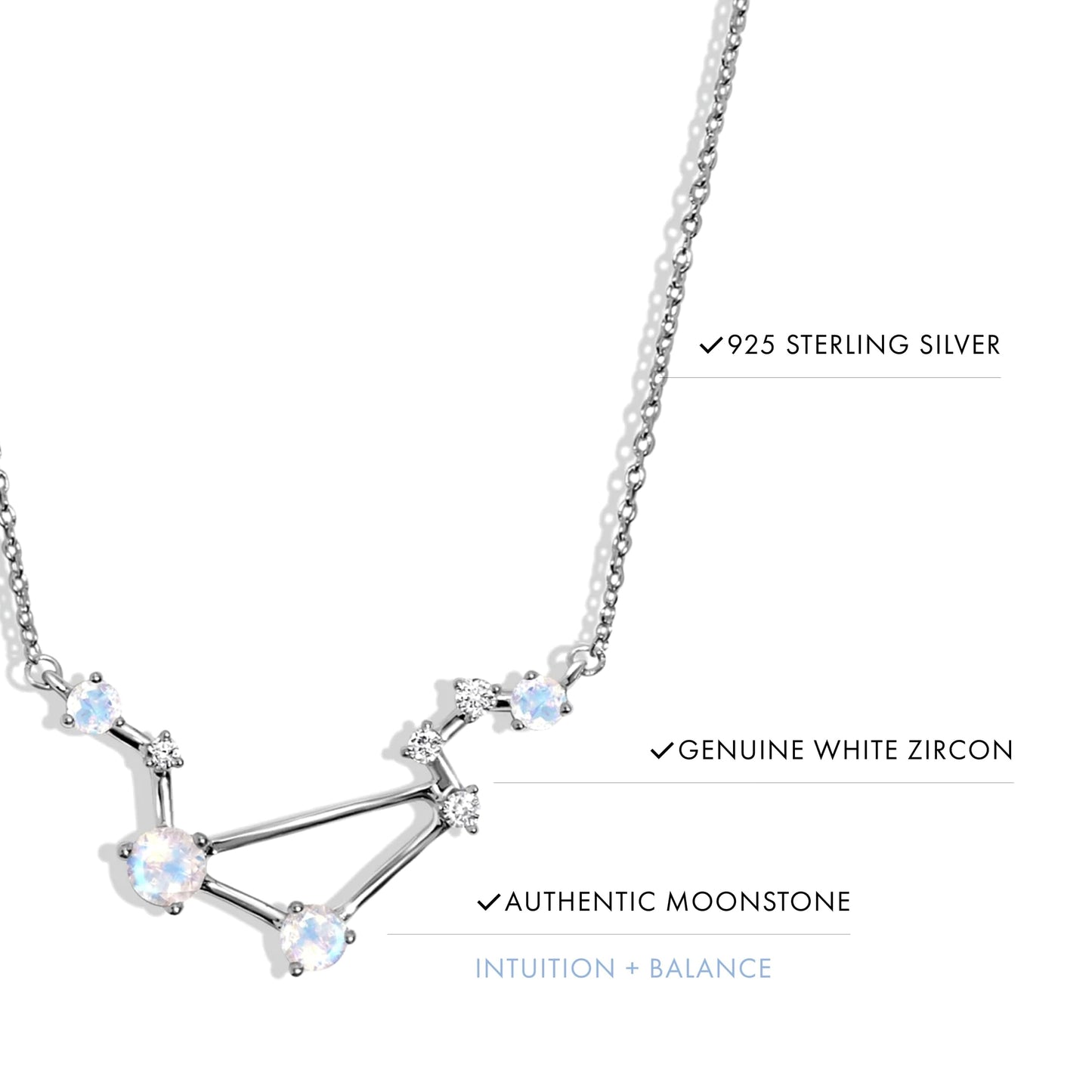 Moon Magic Moonstone Necklace - Libra Zodiac Constellation / 925 Sterling Silver - 18k Rose Gold - Yellow Gold Rainbow Moonstone Necklaces for Women/Authentic Rainbow Crystal Jewelry