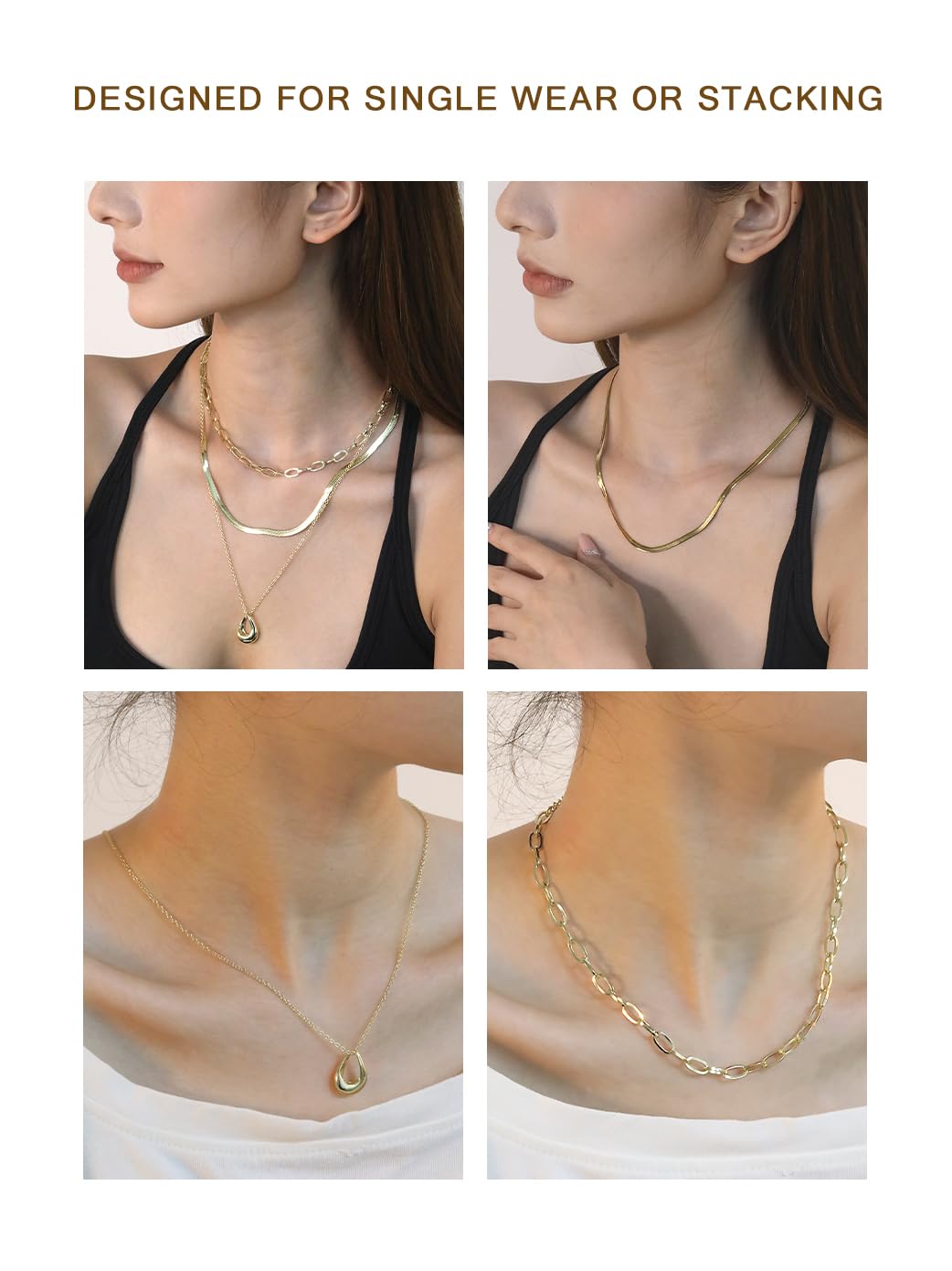 LUXU kisskids Layered Necklaces for Women, 3 Pieces Layered Gold Necklaces Set, Herringbone Choker Oval Link Stackable Necklace Simple Chain Circle Pendant, Stainless Steel Trendy Jewelry Set Gifts for Her