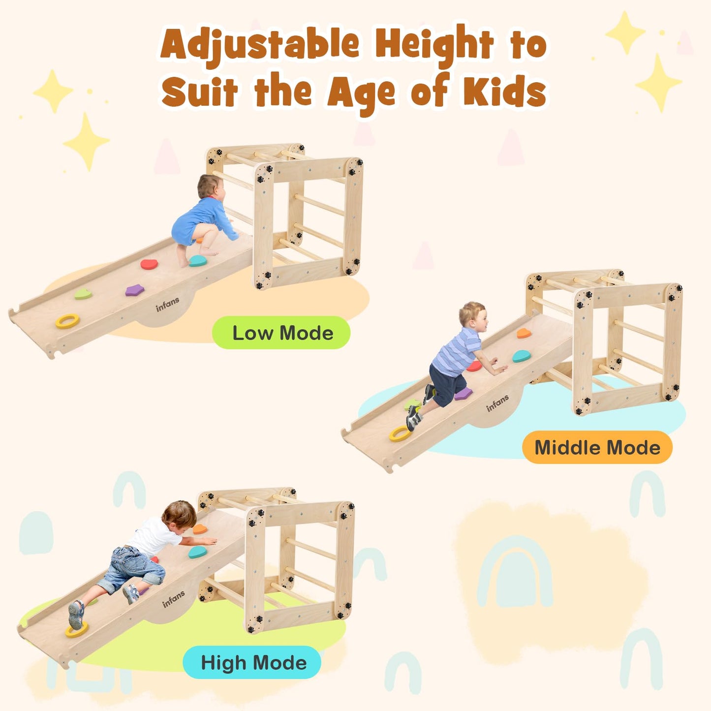 INFANS 12 in 1 Climbing Toys for Toddlers, Upgrade Wooden Montessori Foldable Triangle Climber Set with Reversible Ramp Slide Ladder Seesaw, Indoor Pikler Climb Activity Jungle for Kids Age 3+