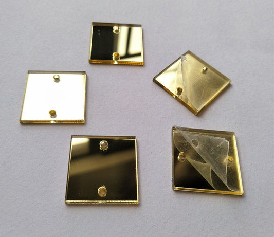 50PCS Sew On Square Mirror Piece,DIY Mirrored Rhinestones for Costume Evening Dresses Cloth Garment Decoration Accessory (2.5CM, Gold)