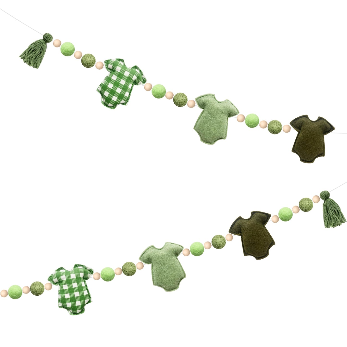 Sage Green Plaid Baby Clothes Decorations Pre-Strung Handmade Felt Baby Clothes Wooden Bead Wool Felt Ball Banner Garland for Neutral Gender Reveal Baby Shower Party Nursery Fireplace Home Decor