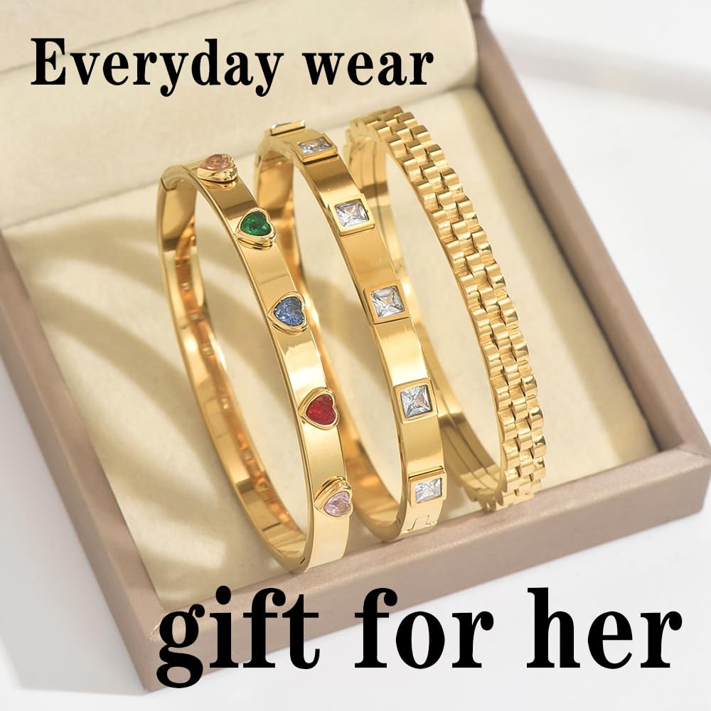 Xigocorsn Gold Bracelets For Women Heart Trendy Non Tarnish Trendy Stackable Charm Cuff Cute Mother Daughter Stainless Steel Bracelets (Three-piece bracelet set)