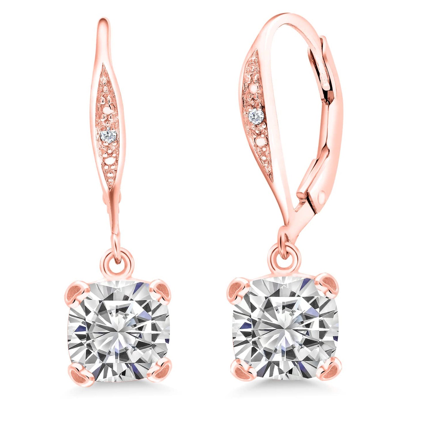 Gem Stone King Drop Dangle Earrings For Women | 7MM Cushion Cut Gemstone Birthstone and Diamond | 925 Sterling Silver | Jewelry Gift for Mom Wife Her | White Moissanite-April | Rose Gold