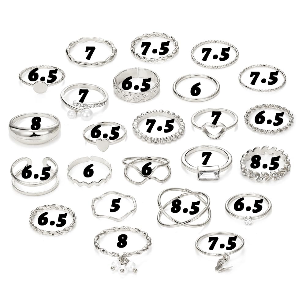 IFKM 24 Pcs Silver Knuckle Rings Set For Women Vintage Stackable Joint Finger Midi Rings Dainty Cubic Zirconia Crystal Simple Twist Hollow Cute Rings Pack Jewelry Gift (Heart's Voice, Silver)