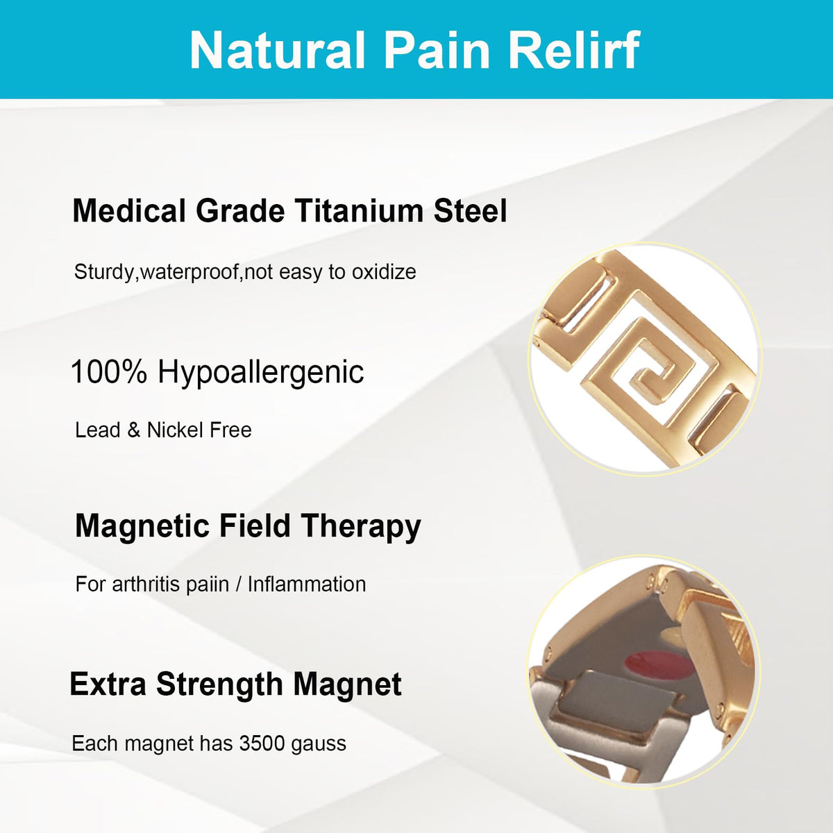 EnerMagiX Magnetic Bracelet for Women Men, 9.44'' Unique Design Gold Titanium Steel Bracelet, Fashion Jewelry Presents （0710G）