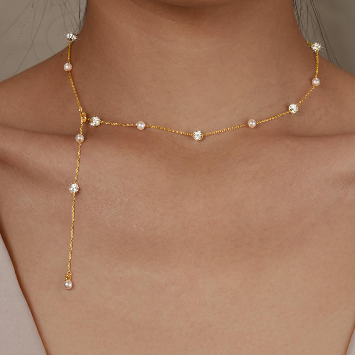 UTISUVIKO Lariat Necklace for Women,Dainty Long 14K Gold Plated Y-Shaped Pearl Necklace 925 Sterling Silver Cubic Zirconia Crystal Ball Sparkle Necklace for Mother Daughter Bride Wedding Jewelry