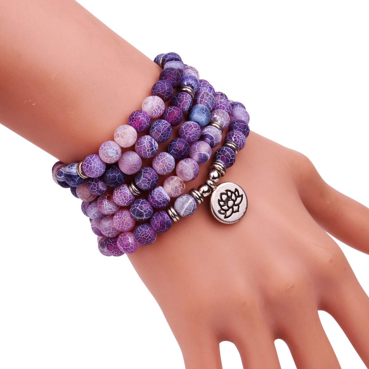 GVUSMIL 8mm 108 Mala Beads Wrap Bracelet Necklace for Yoga Charm Bracelet Natural Gemstone Jewelry for Women Men (Purple Weathered Stone)