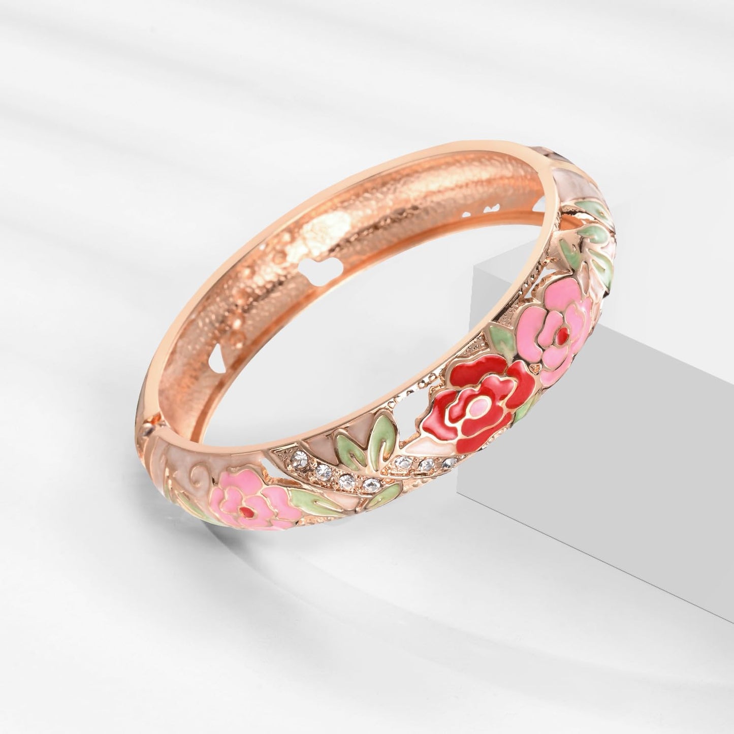 UJOY Fashion Cloisonne Bangle Jewelry Hollowed Rose Handmade Enamel Gifts Cuff Open Bracelet Bangles for Women Gilrs 88C06 Cream Pink