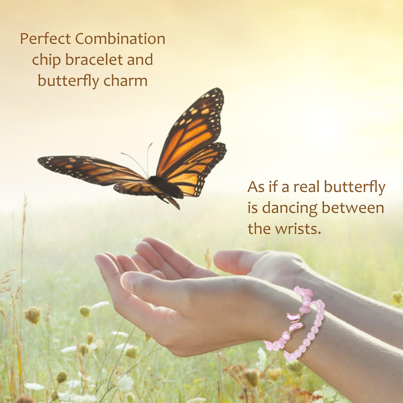 DUQGUHO 2Pcs Rose Quartz Butterfly Bracelets for Women, Pink, Cute Butterfly Charm, Healing Crystals, Crystal Gifts