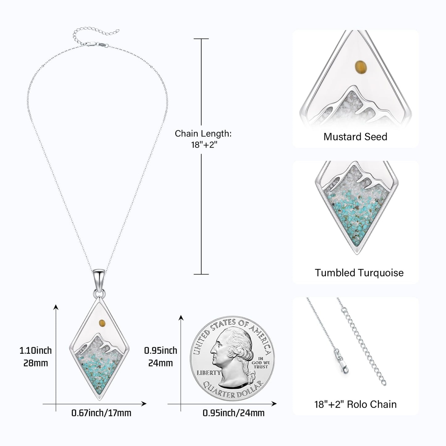 Suiknsn Mountain Necklace 925 Sterling Silver Mustard Seed Faith Necklace Turquoise Mountain Pendant Necklace Outdoor Hiking Jewelry Graduation Gifts for Women Daughter