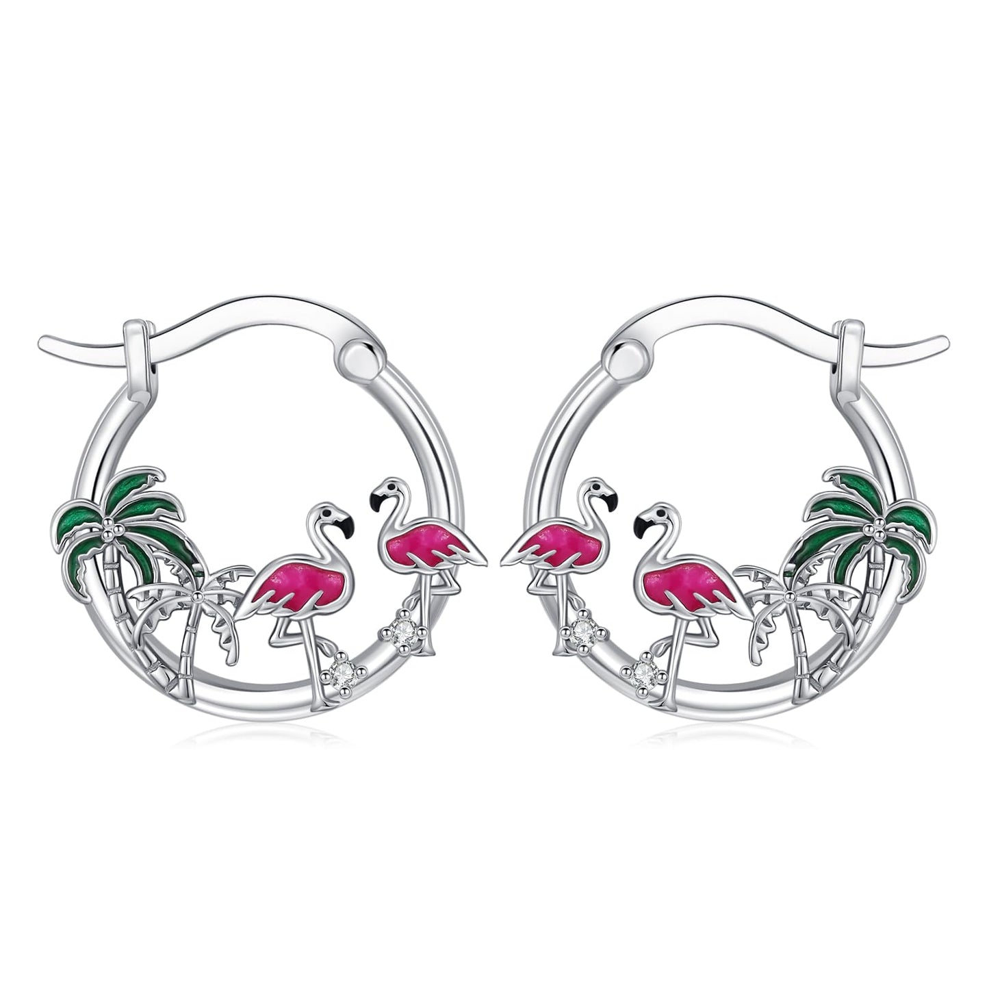 Flamingo Earrings 925 Sterling Silver 2 Pink Bird Hoop Earrings Palm Tree Hawaiian Jewelry Graduation Gifts for Women Daughter Her