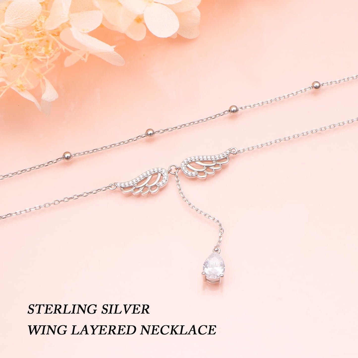 FLYOW Angel Wings Layer Necklace S925 Sterling Silver Double Layered Necklace Teardrop CZ Choker Y Lariat Long Necklace Birthday Mothers Day Gifts Sympathy Jewelry for Women