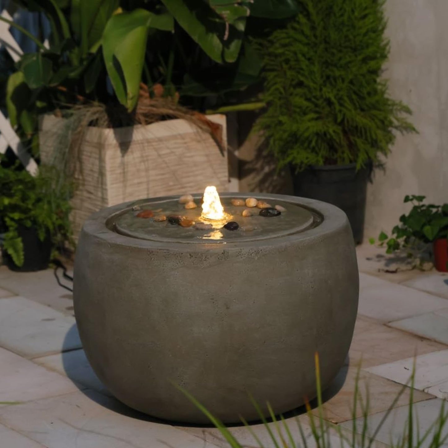 Tankana Garden Water Fountain Outdoor Bubbler Water Feature Indoor with Lights & Pump and Pebbles Waterfall Fountains Concrete Effect for Patio Deck Yard Home Decor Gray, 18 "L x 18" W x 11.5" H