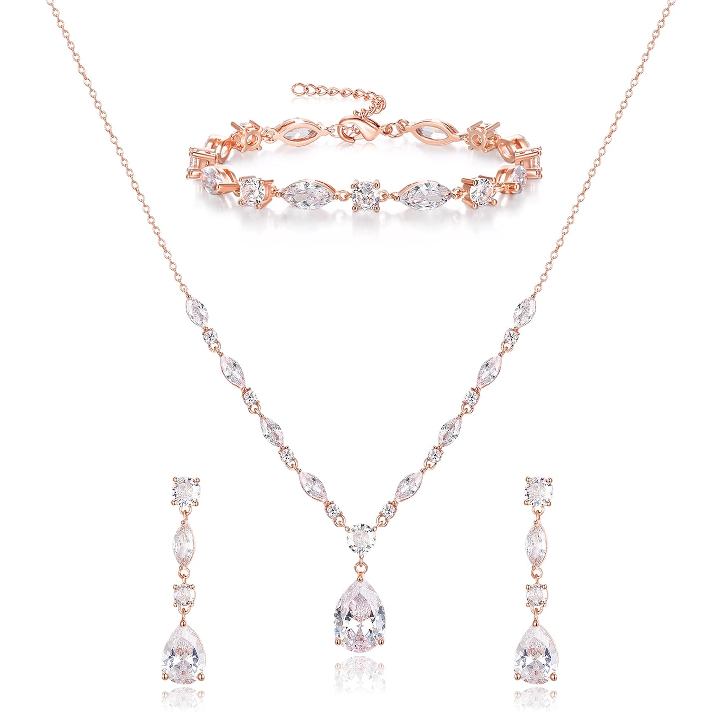 EVER FAITH Bridal Jewelry Sets for Bride Bridesmaid, Sparkly Cubic Zirconia Teardrop Pendant Necklace Dangle Earrings Bracelet Set for Women Clear Rose Gold-Plated-Brass