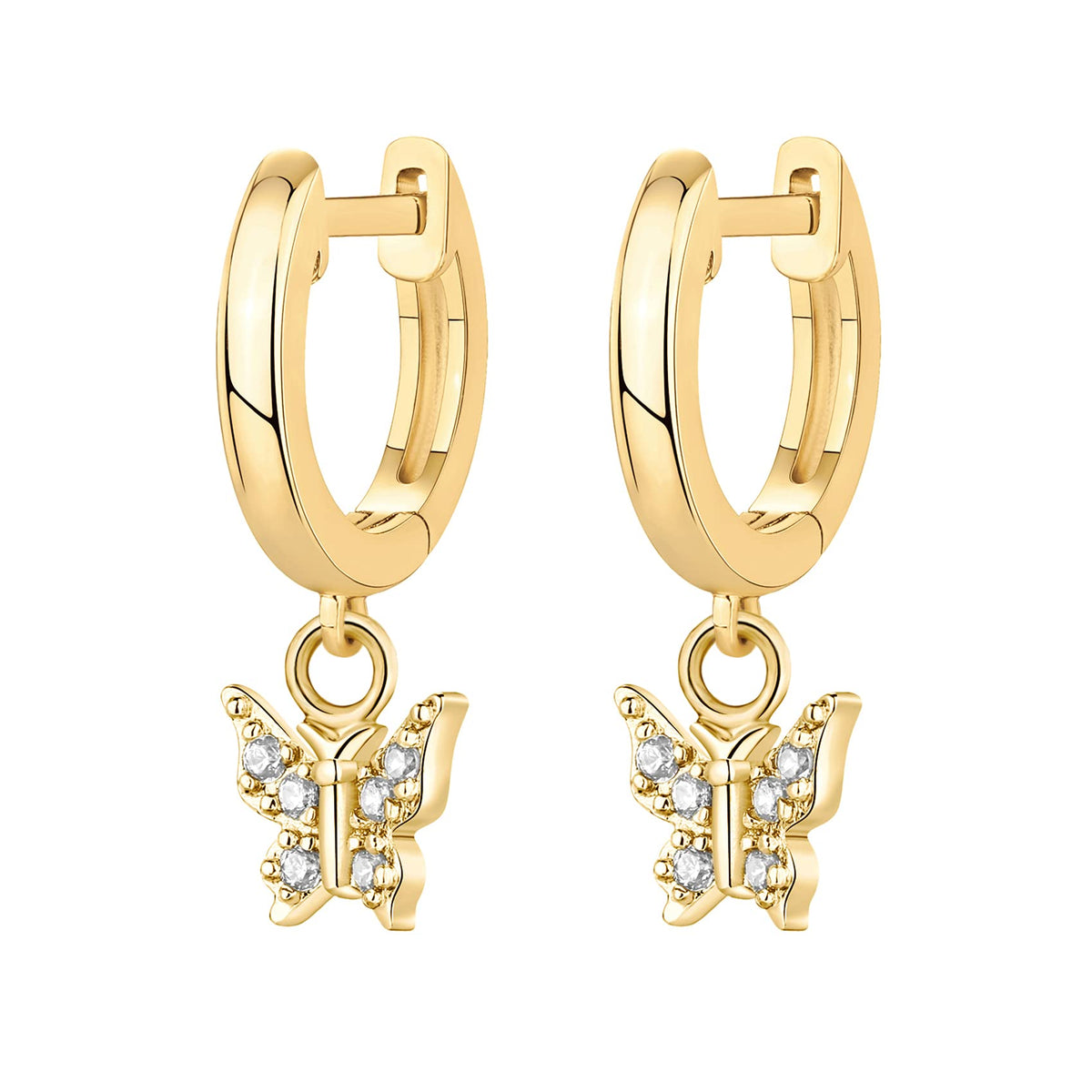 PAVOI 14K Yellow Gold Plated 925 Sterling Silver Post Huggie With Dangle | Small Gold Trendy Hinged Hoop Earrings For Women | CZ Huggie Earrings (Butterfly)