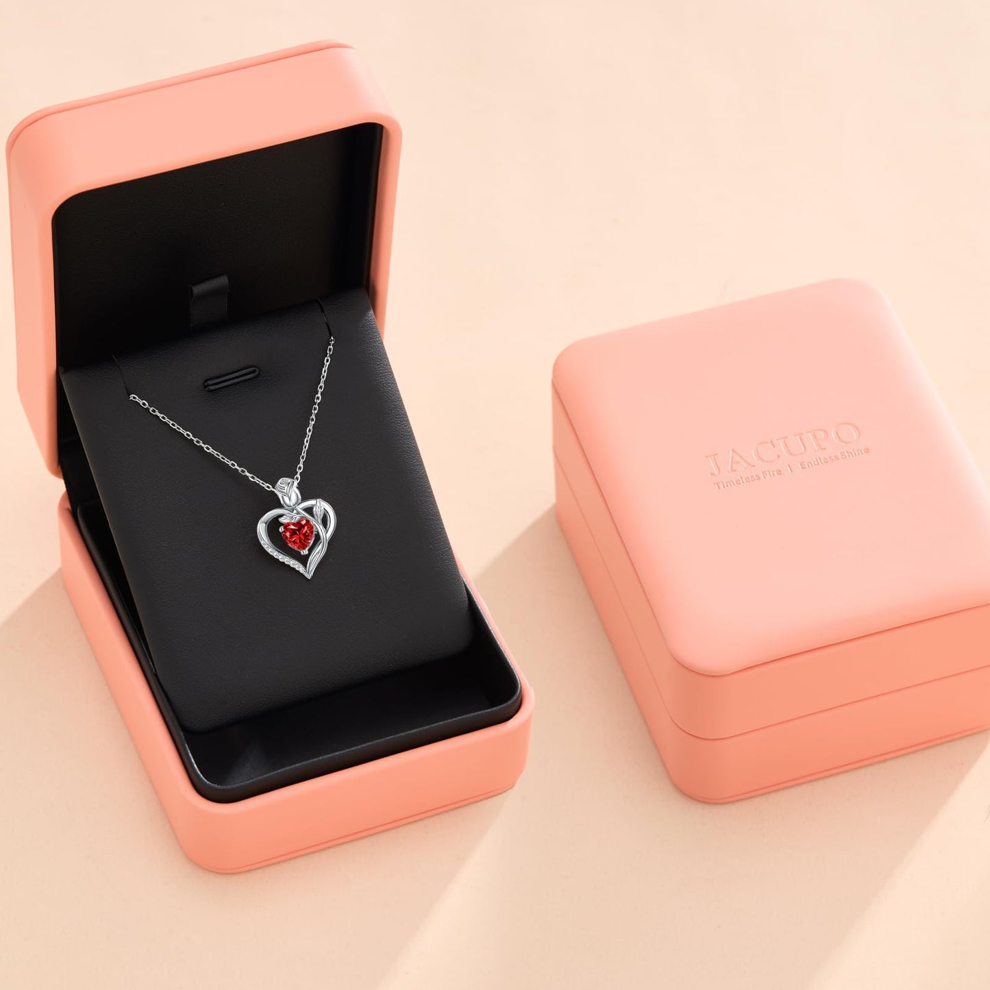 JACUPO Rose Heart Necklace and Earrings Set (Necklace 1.2CT / Earrings 0.8CT) Moissanite/Lab-Grown Sapphire/Ruby Options S925 Sterling Silver 18K White Gold Plated Engraved "I LOVE YOU" Perfect Engagement Gift for Girlfriend Wife (Ruby Silver)
