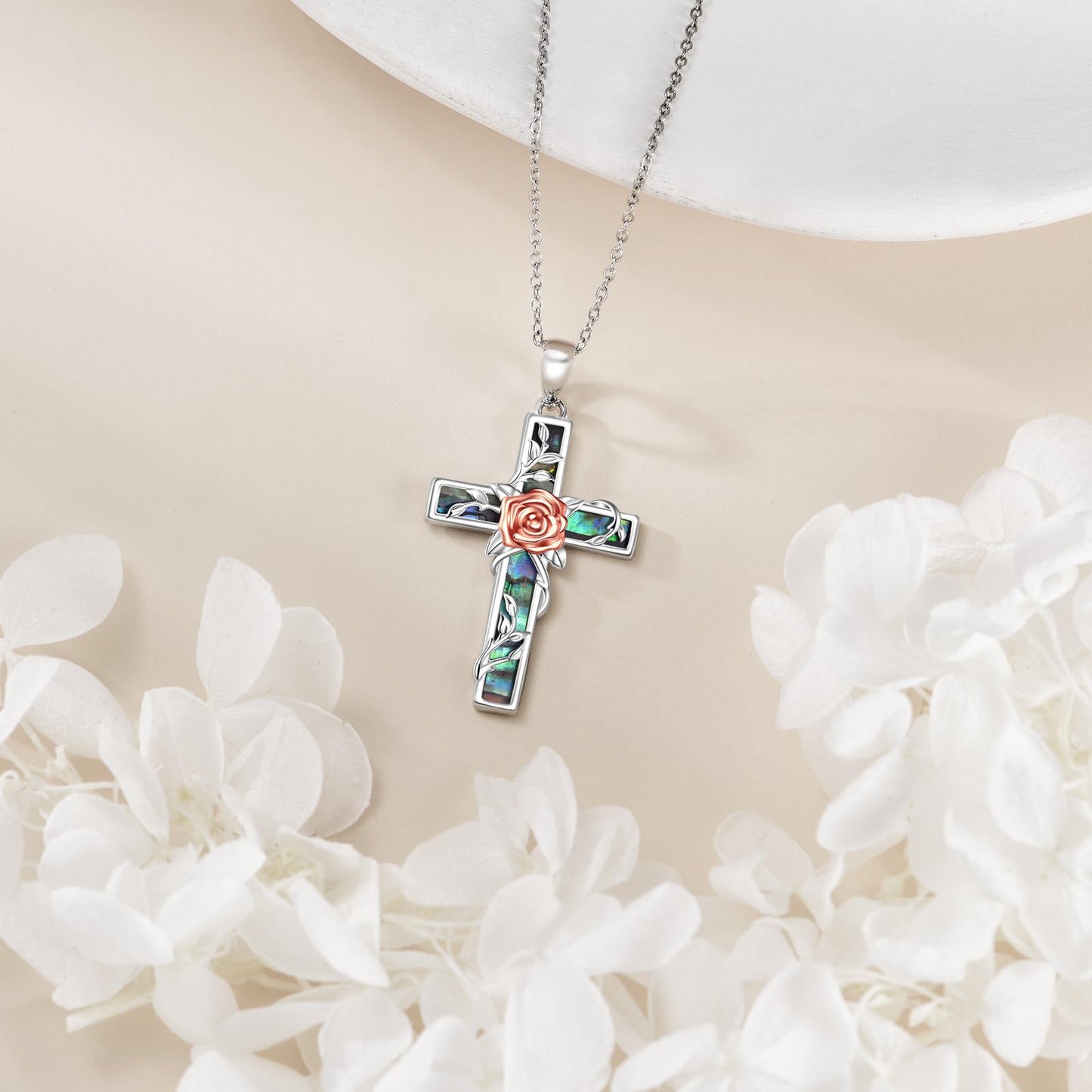 YFN Rose Cross Necklace Sterling Silver Flower Cross Pendant Abalone Shell Jewelry Religious Christian Baptism Gifts for Her Women