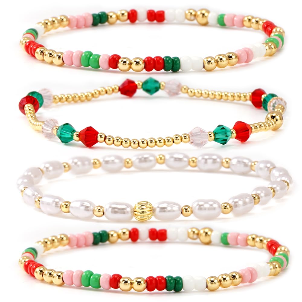 Bohxantium Christmas Gold Crystal Pearl Beaded Bracelet Set for Women Stackable Red Green White Gold Beads Handmade Boho Stretch Crystal Pearl Jewelry Holiday Festive Party Vacation New Year Xmas Gift