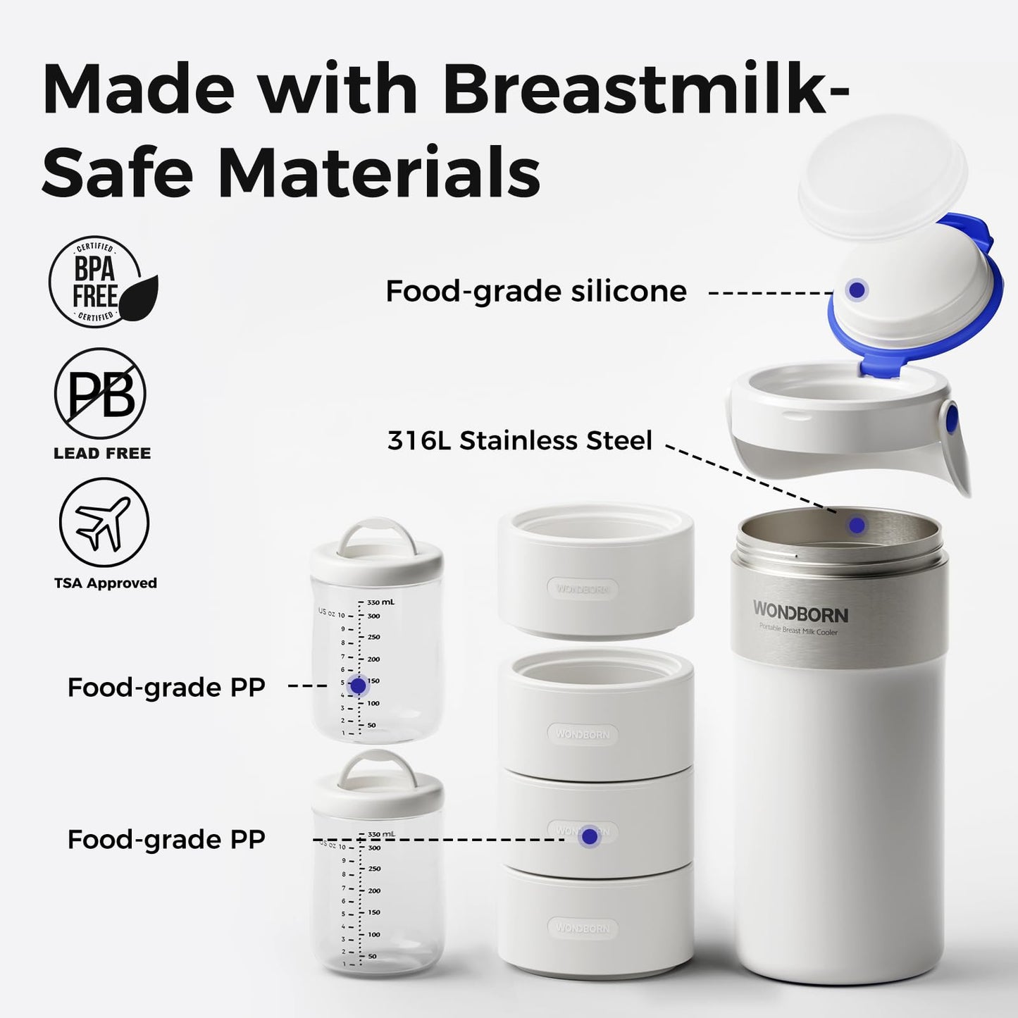 WONDBORN Portable Breast Milk Cooler, 4 Ice Rings, 360°Cooling with Vacuum Lid, Safe Chill for 30H+, 22oz Large Capacity with 2 Bottles, Rapid Chill to 40℉, Extra Wide Opening, Ideal for Work & Travel