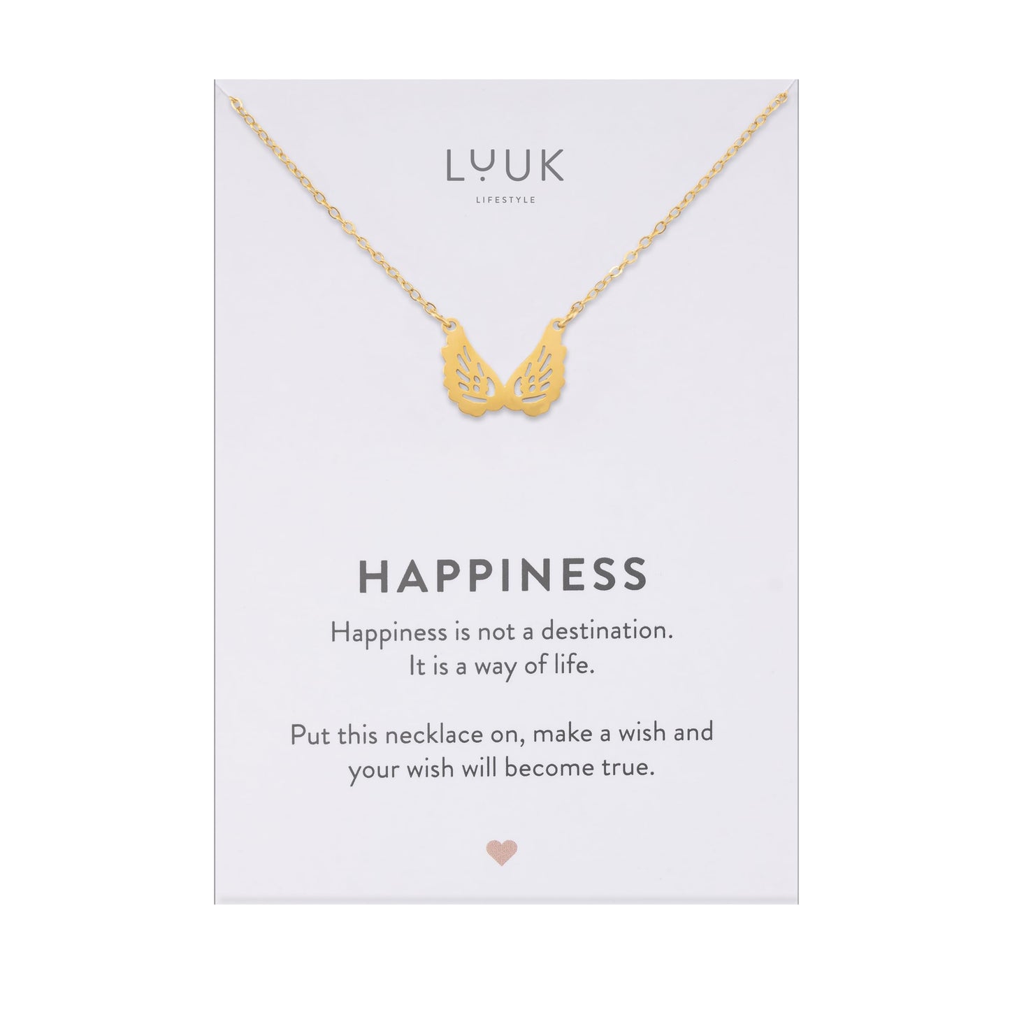 LUUK LIFESTYLE Sympathy Gift Angel Wings gold plated pendant necklace, HAPINESS Card, 19in adjustable chain, waterproof, tarnish-free, sturdy dainty simple sleek minimalist, condolences bereavement